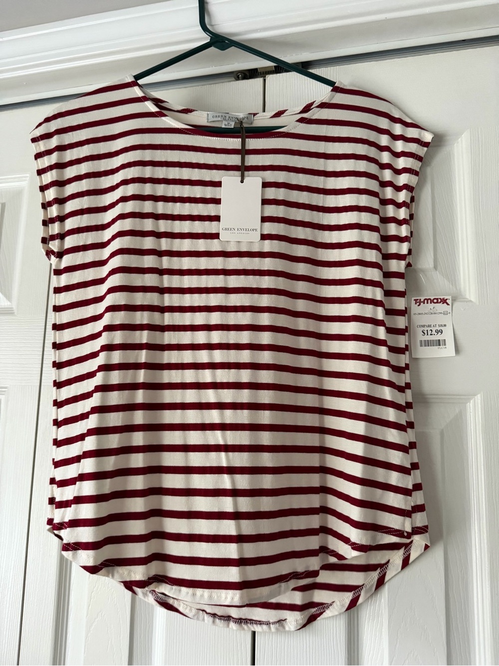 Green Envelope Cream and Red Striped Scoop-Neck Short Sleeve Top